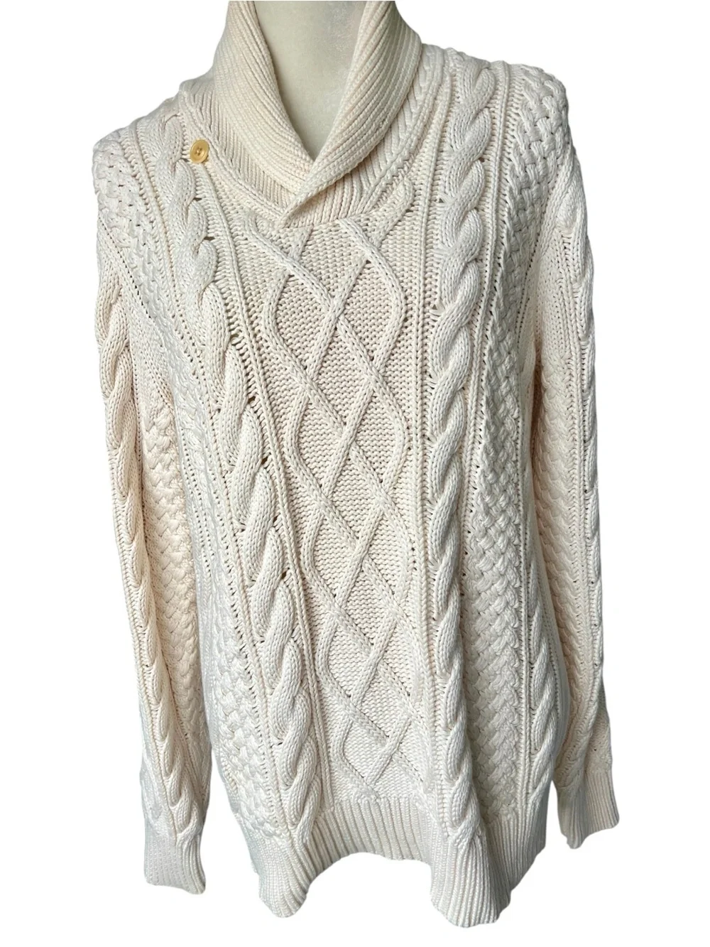 J.Crew Mens M Ivory Fisherman Cable Knit Cotton Shawl Collar Pullover Sweater